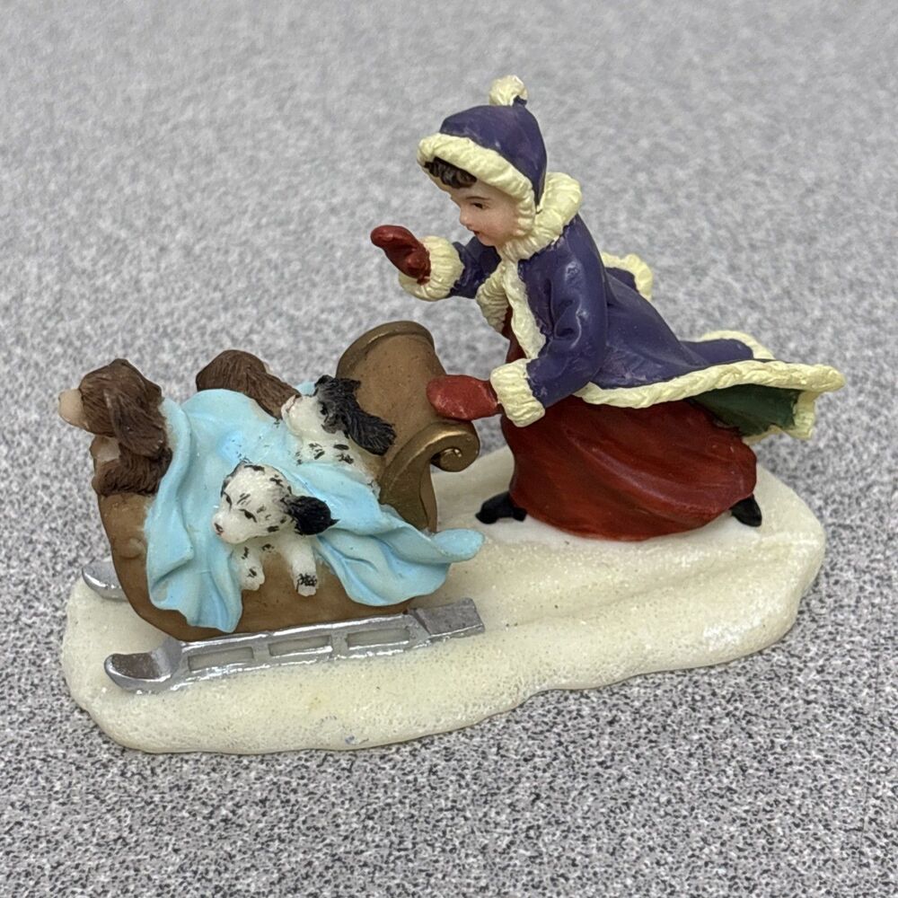 Vintage O’ Well Christmas Village Victorian Girl, Puppies Sled Figurine